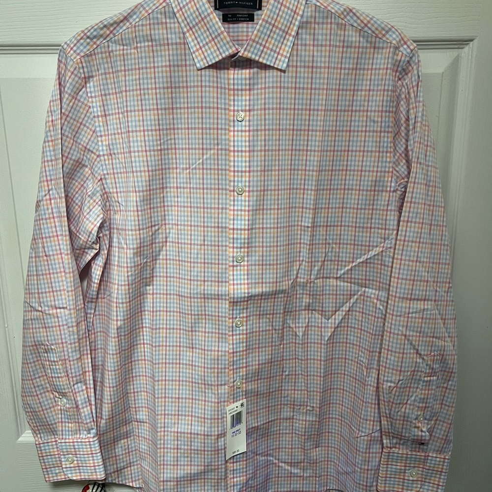 Tommy Hilfiger TH Flex Pastel Checkered Slim Fit Dress Shirt | Size L - 16 32-33
